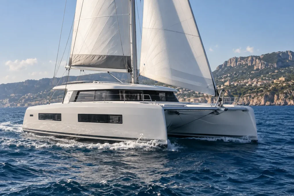 Catamarano a vela in navigazione lungo la costa