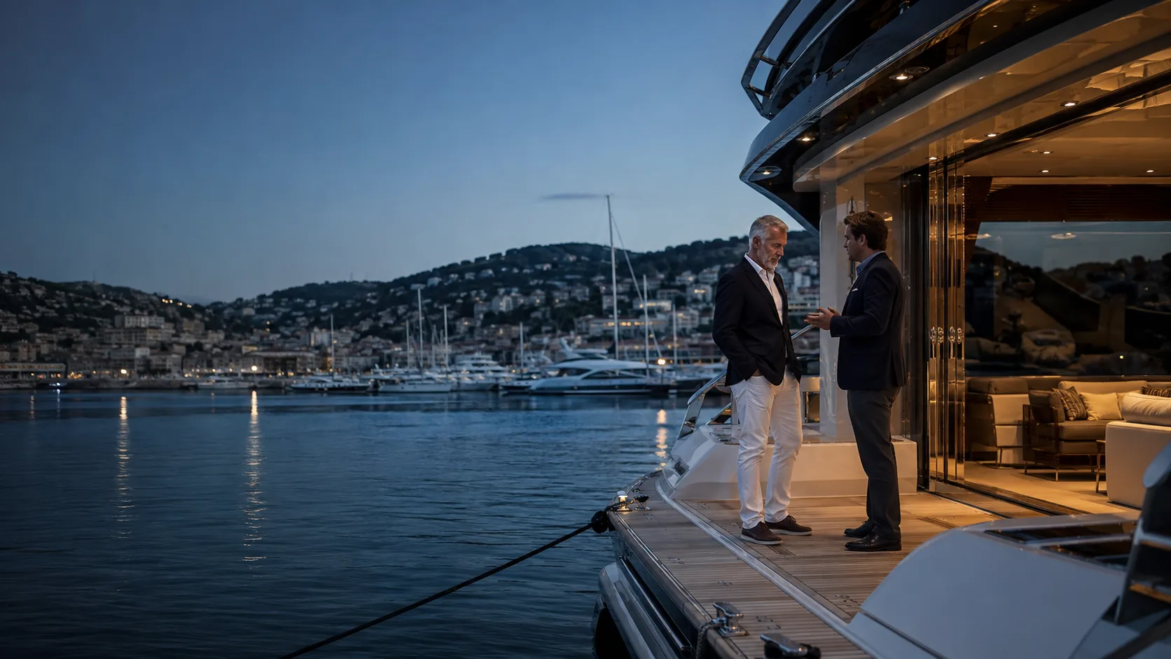Acquirente osserva yacht in vendita in una marina italiana