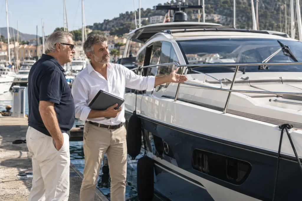 Broker nautico con un acquirente in banchina