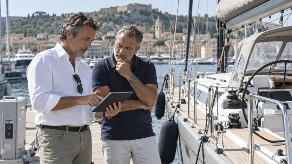 Professionista nautico e proprietario durante una consulenza